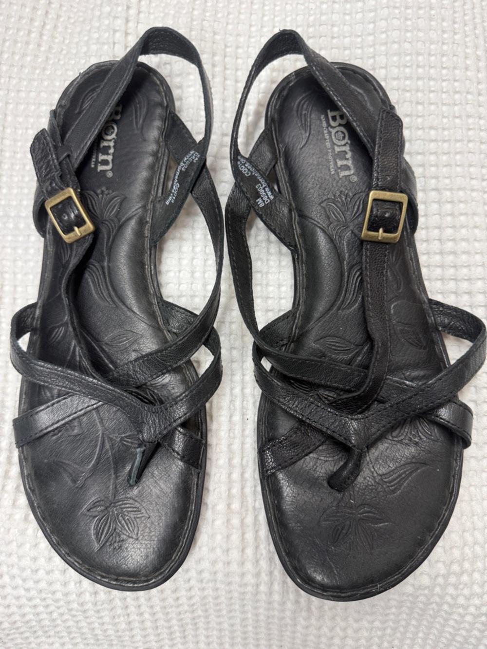 Born - Black Leather Floral-Embossed Strappy Sandals - Size 8